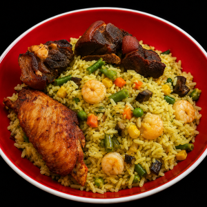 Nigerian Fried Rice with Fried Turkey & Goat Meat