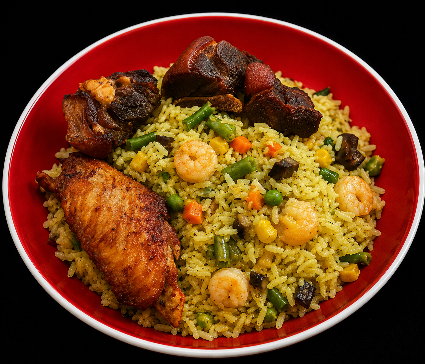 Nigerian Fried Rice with Fried Turkey & Goat Meat